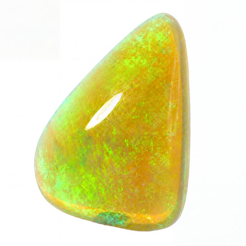 A polished tumbled opal gemstone with a triangular shape, displaying a vibrant mix of yellow, orange, and green iridescent colors on a plain white background.