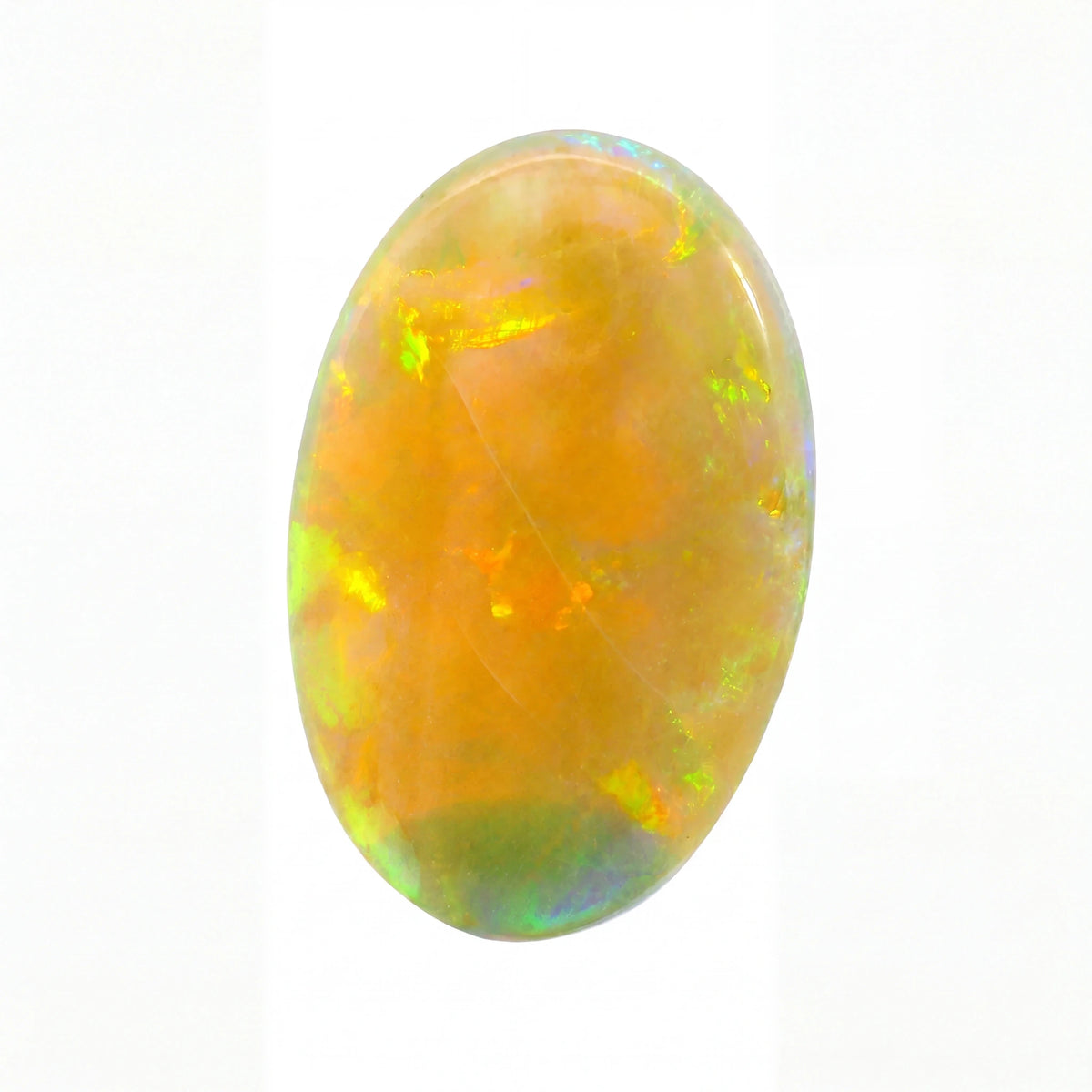 A polished oval cabochon gemstone showing a vibrant play-of-colour with orange, yellow, green, and blue iridescence on a plain white background.