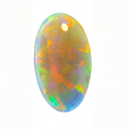 An oval cabochon-cut opal gemstone displaying a play-of-colour with vibrant flashes of orange, green, blue, and purple on a white background.