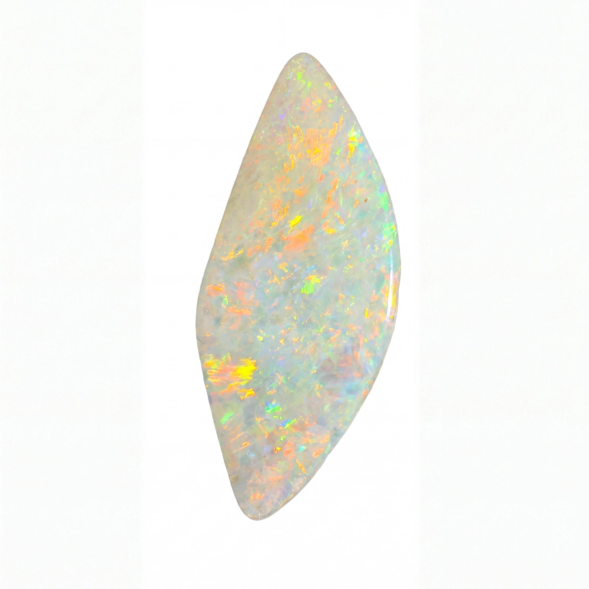 A polished white opal cabochon with vibrant flashes of orange, yellow, and green, set against a plain white background.