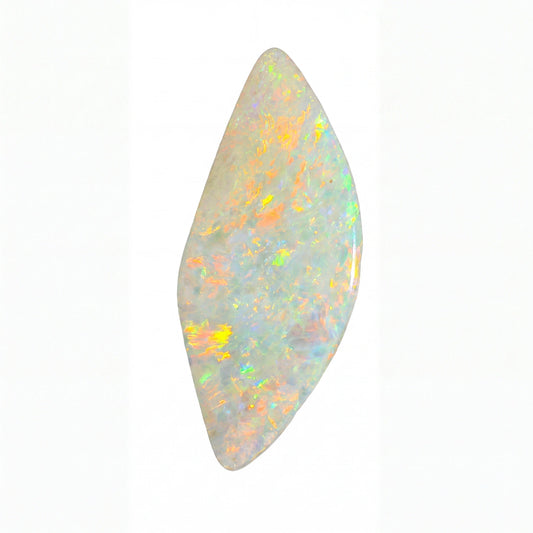 A polished white opal cabochon with vibrant flashes of orange, yellow, and green, set against a plain white background.