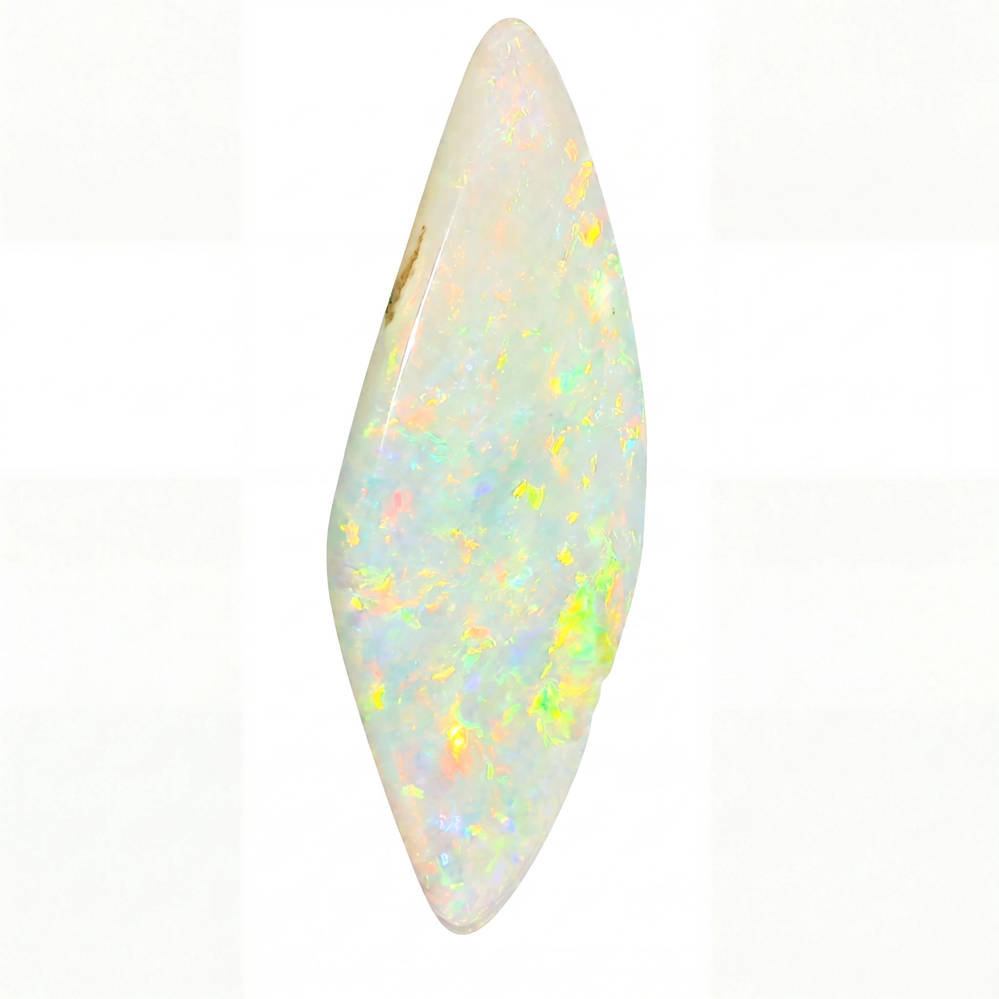 A polished white opal cabochon with vibrant iridescent flashes of yellow, green, pink, and blue, set against a clean white background.