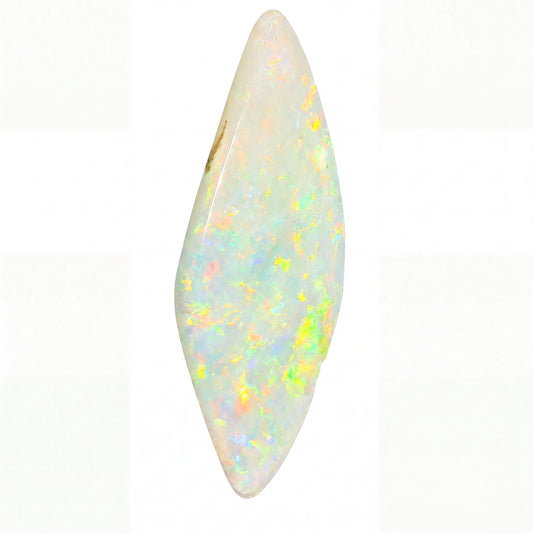 A polished white opal cabochon with vibrant iridescent flashes of yellow, green, pink, and blue, set against a clean white background.