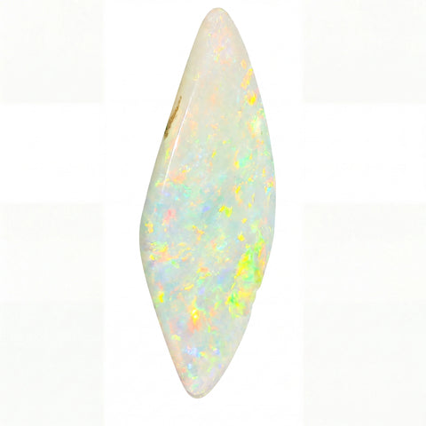 A polished white opal cabochon with vibrant iridescent flashes of yellow, green, pink, and blue, set against a clean white background.