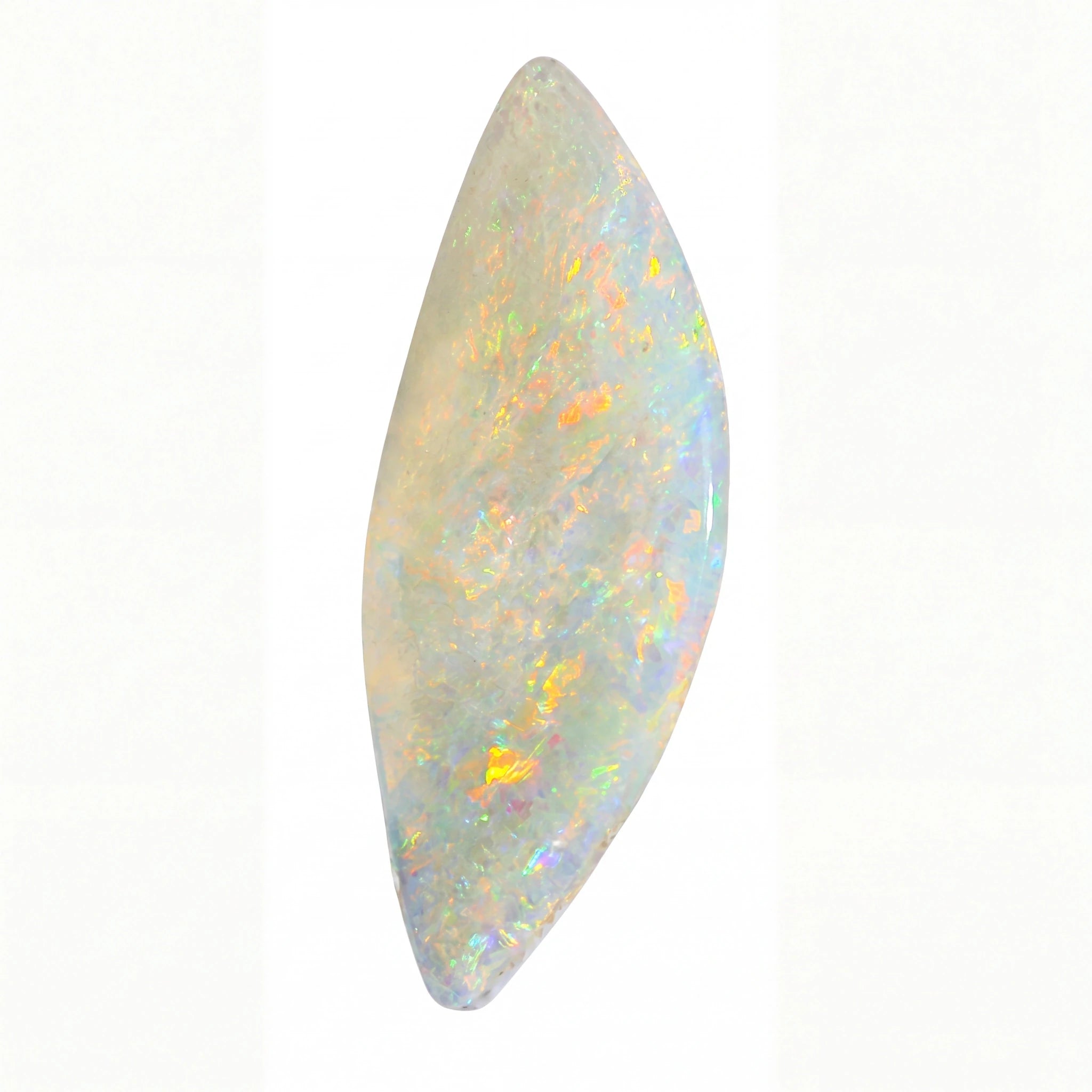 A single teardrop-shaped opal gemstone with a white base and vibrant iridescent flashes of yellow, orange, and blue, isolated on a solid white background.