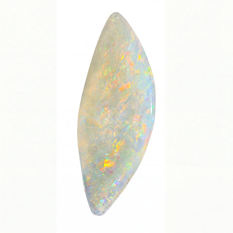A single teardrop-shaped opal gemstone with a white base and vibrant iridescent flashes of yellow, orange, and blue, isolated on a solid white background.