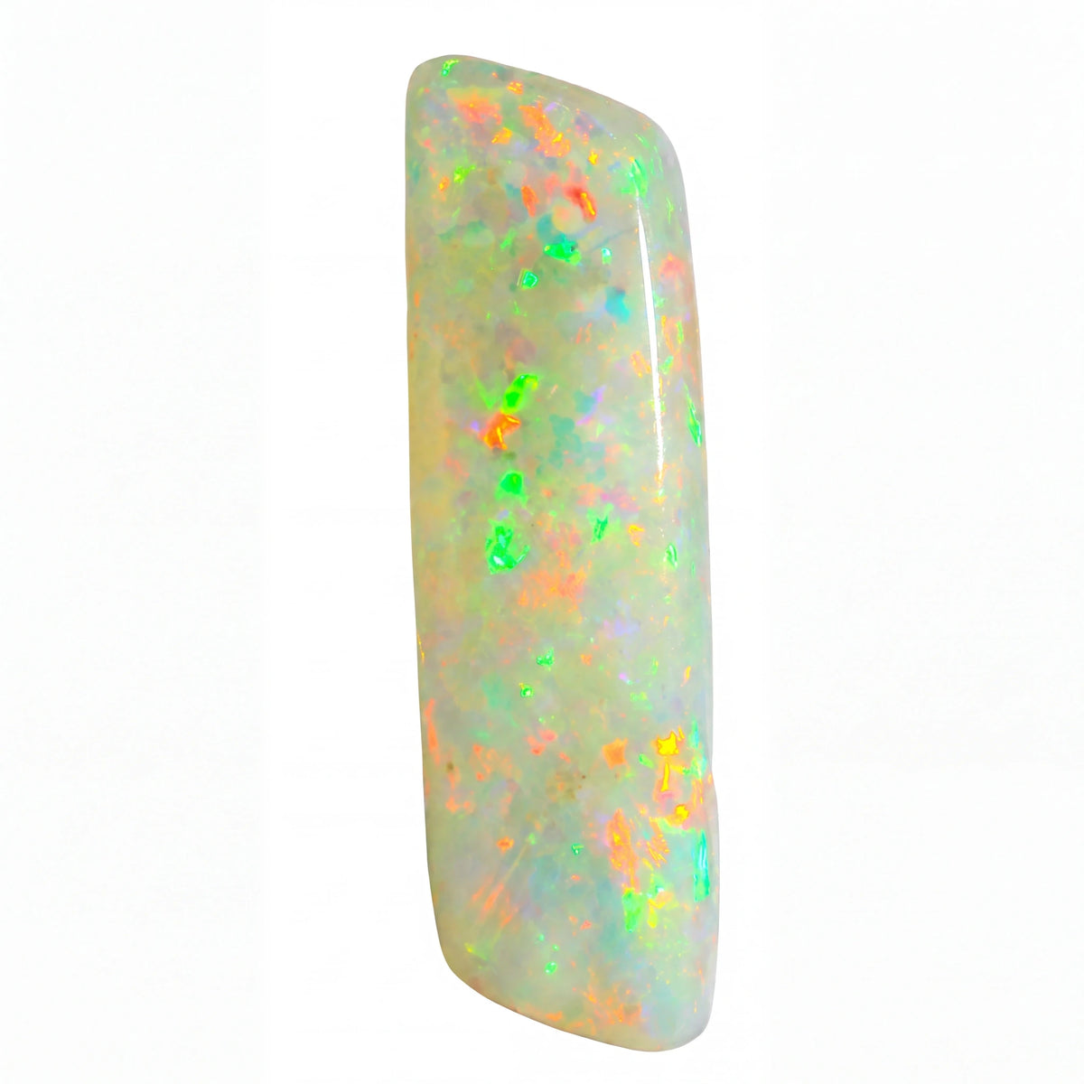 A polished white opal gemstone with vibrant, shifting flashes of green, orange, and yellow, shown vertically on a plain white background.