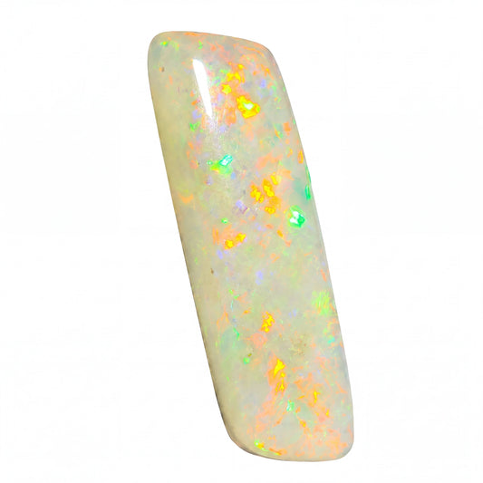 A polished white opal gemstone with vibrant flashes of orange, yellow, green, and blue, shown on a solid white background.