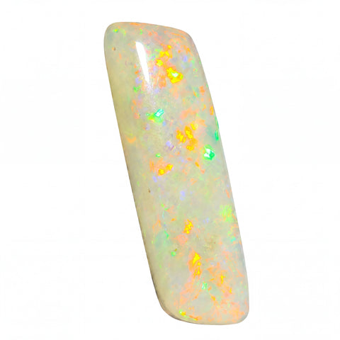 A polished white opal gemstone with vibrant flashes of orange, yellow, green, and blue, shown on a solid white background.
