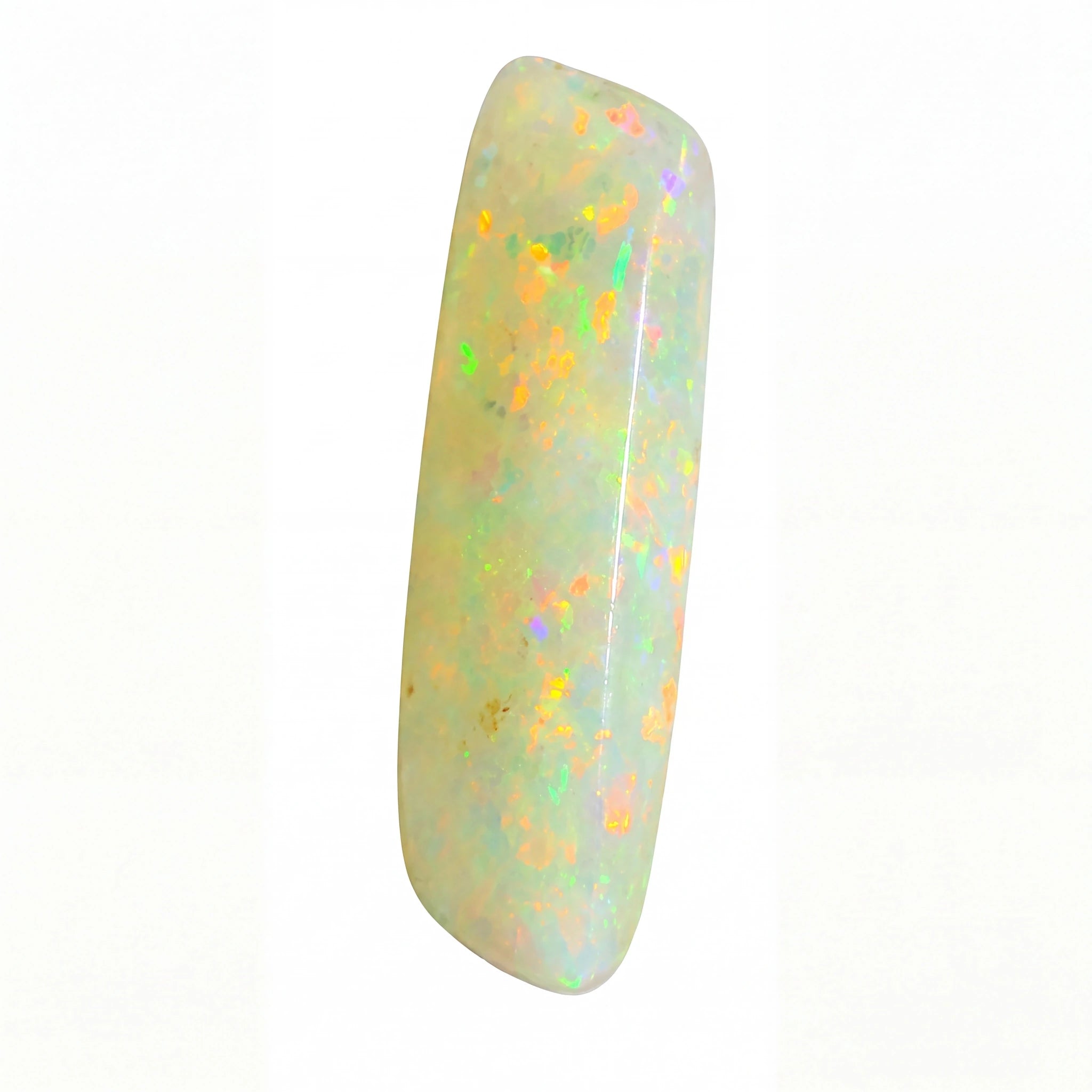 A polished cabochon opal gemstone with a rounded rectangular shape, displaying a milky white base with vibrant, shifting iridescent flashes of yellow, orange, green, and blue on a plain white background.