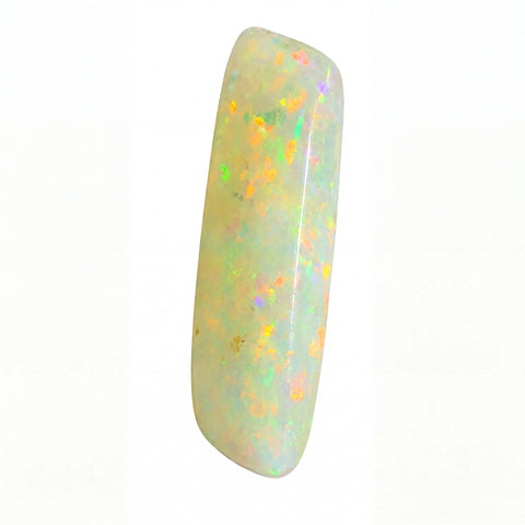 A polished cabochon opal gemstone with a rounded rectangular shape, displaying a milky white base with vibrant, shifting iridescent flashes of yellow, orange, green, and blue on a plain white background.
