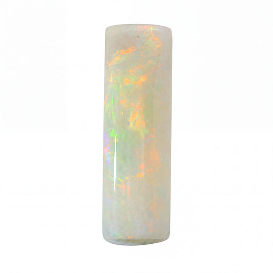 A polished cylindrical opal gemstone showing a play-of-colour with white, orange, and green iridescence, set against a plain white background.