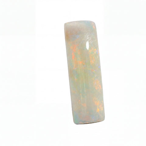 A polished rectangular cabochon gemstone with a white base and iridescent flashes of orange, blue, and green, shown on a plain white background.