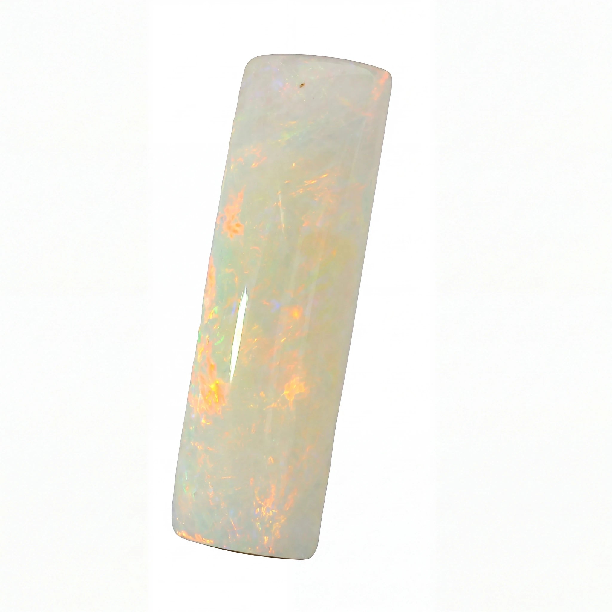 A polished rectangular cabochon opal gemstone with a milky white base and vibrant orange, yellow, and soft green iridescent flashes, shown on a plain white background.