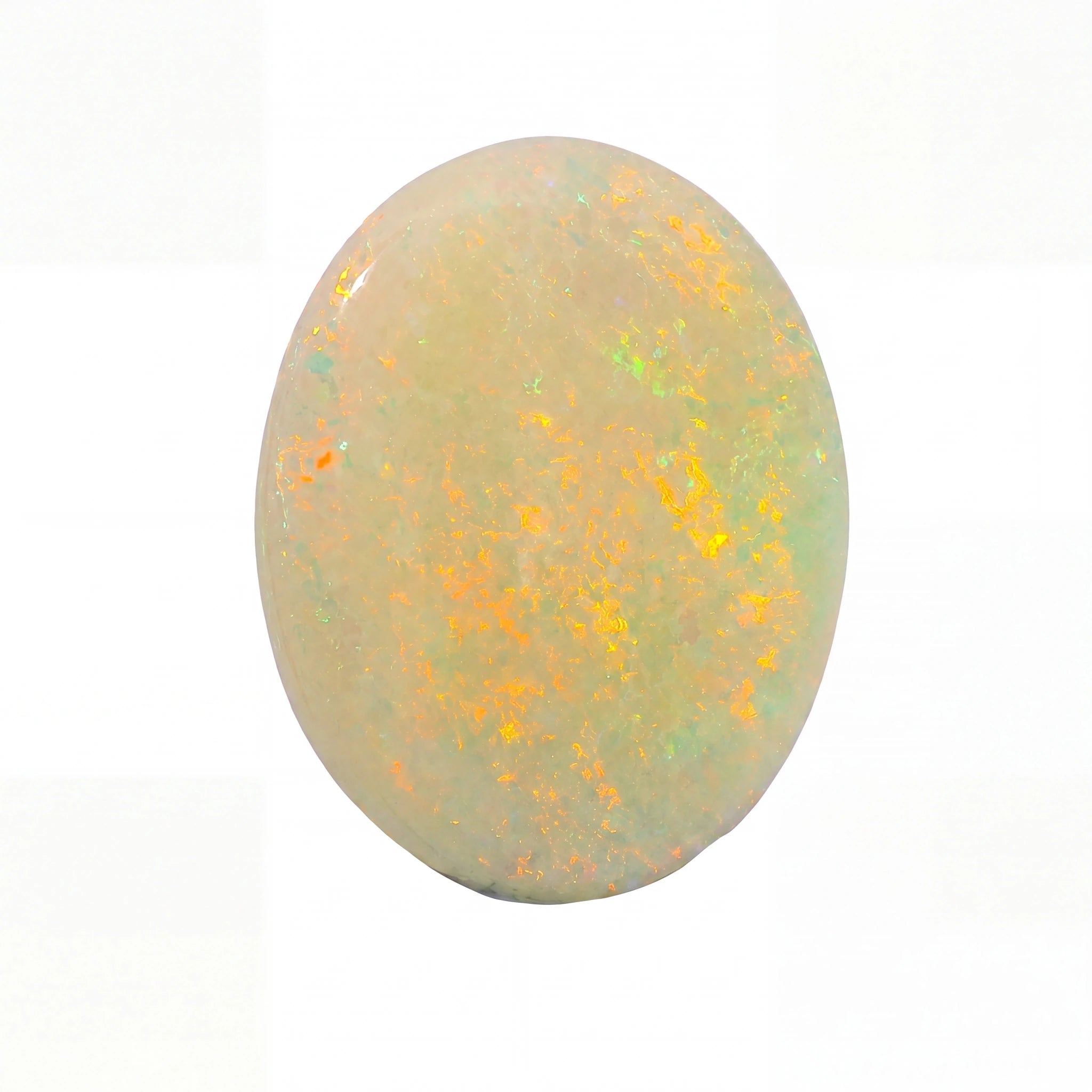A polished oval cabochon gemstone showing a play-of-colour pattern with orange, yellow, green, and pale blue flashes on a cream-coloured base, set against a plain white background.