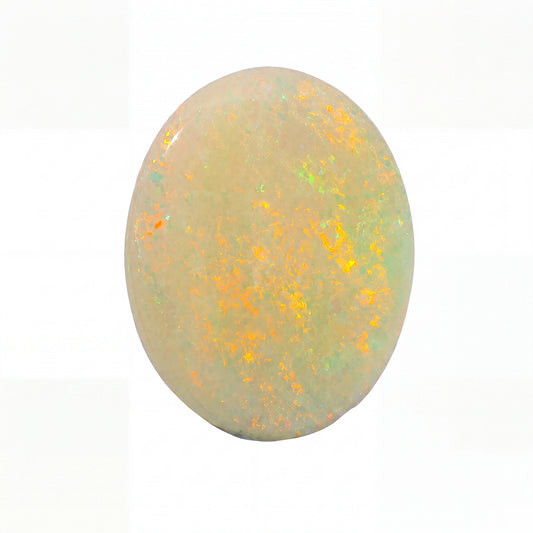 A polished oval opal gemstone showing a play-of-colour pattern with orange, yellow, green, and pale blue flashes on a cream-coloured base, set against a plain white background.