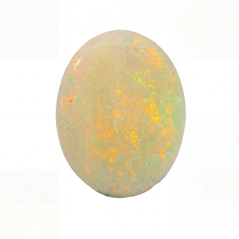 A polished oval cabochon gemstone showing a play-of-colour pattern with orange, yellow, green, and pale blue flashes on a cream-coloured base, set against a plain white background.