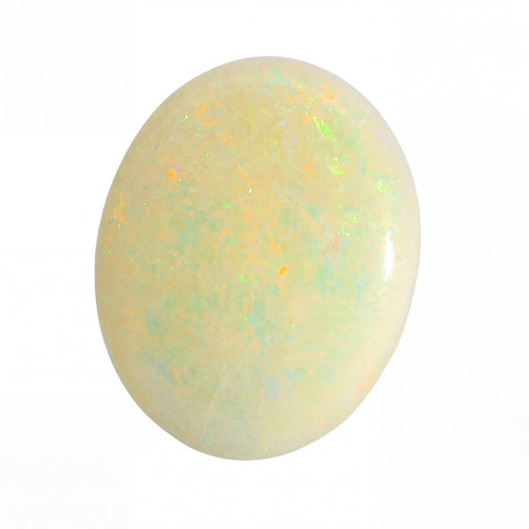 A polished oval cabochon gemstone with a milky white base and iridescent flashes of pastel green, blue, orange, and yellow, shown on a plain white background.