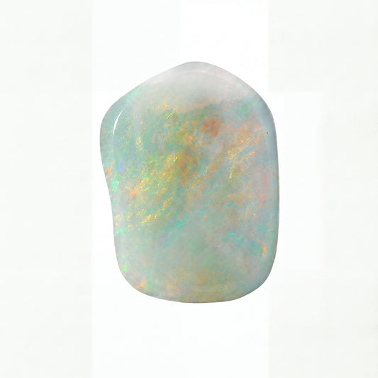Opal stone with multicoloured play of light on a white background