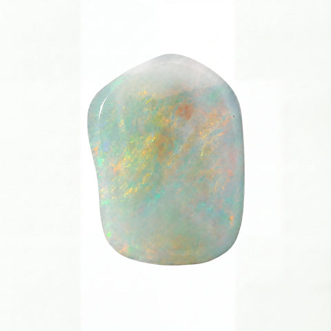 Opal stone with multicoloured play of light on a white background