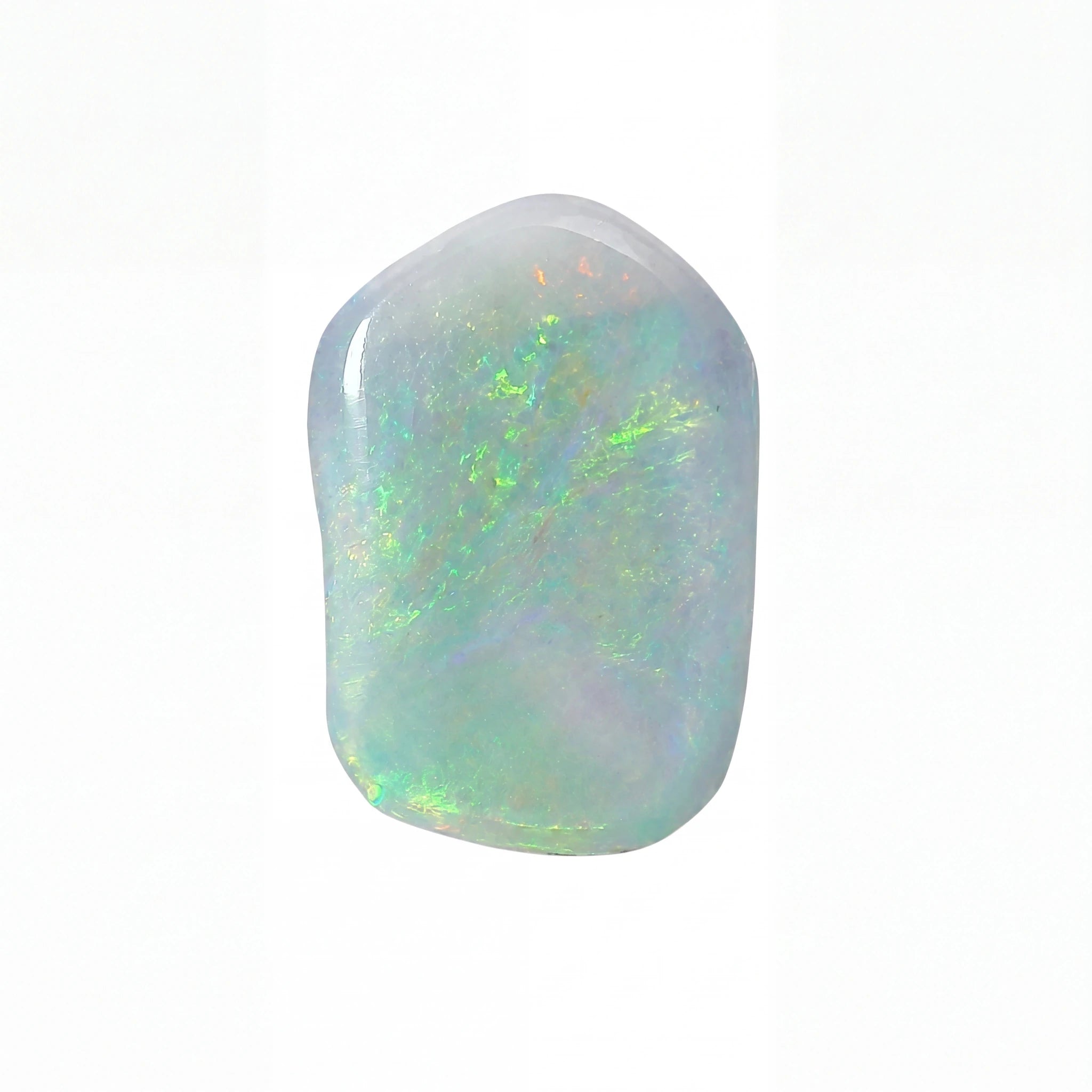 A polished white opal gemstone with vibrant green and blue iridescent flashes, centred on a plain white background.