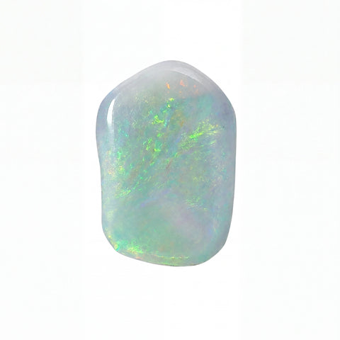 A polished white opal gemstone with vibrant green and blue iridescent flashes, centred on a plain white background.