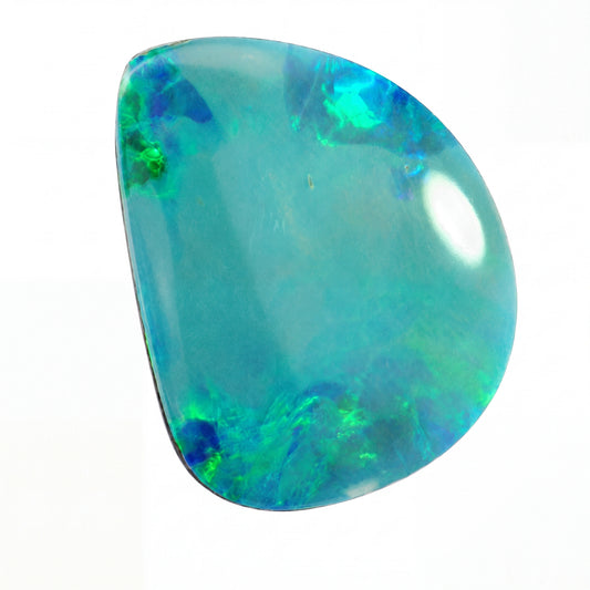 Opal stone with blue and green colours on a white background