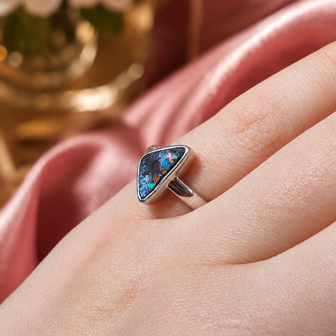 Boulder Opal Ring set in 925 Sterling Silver - Multicolour