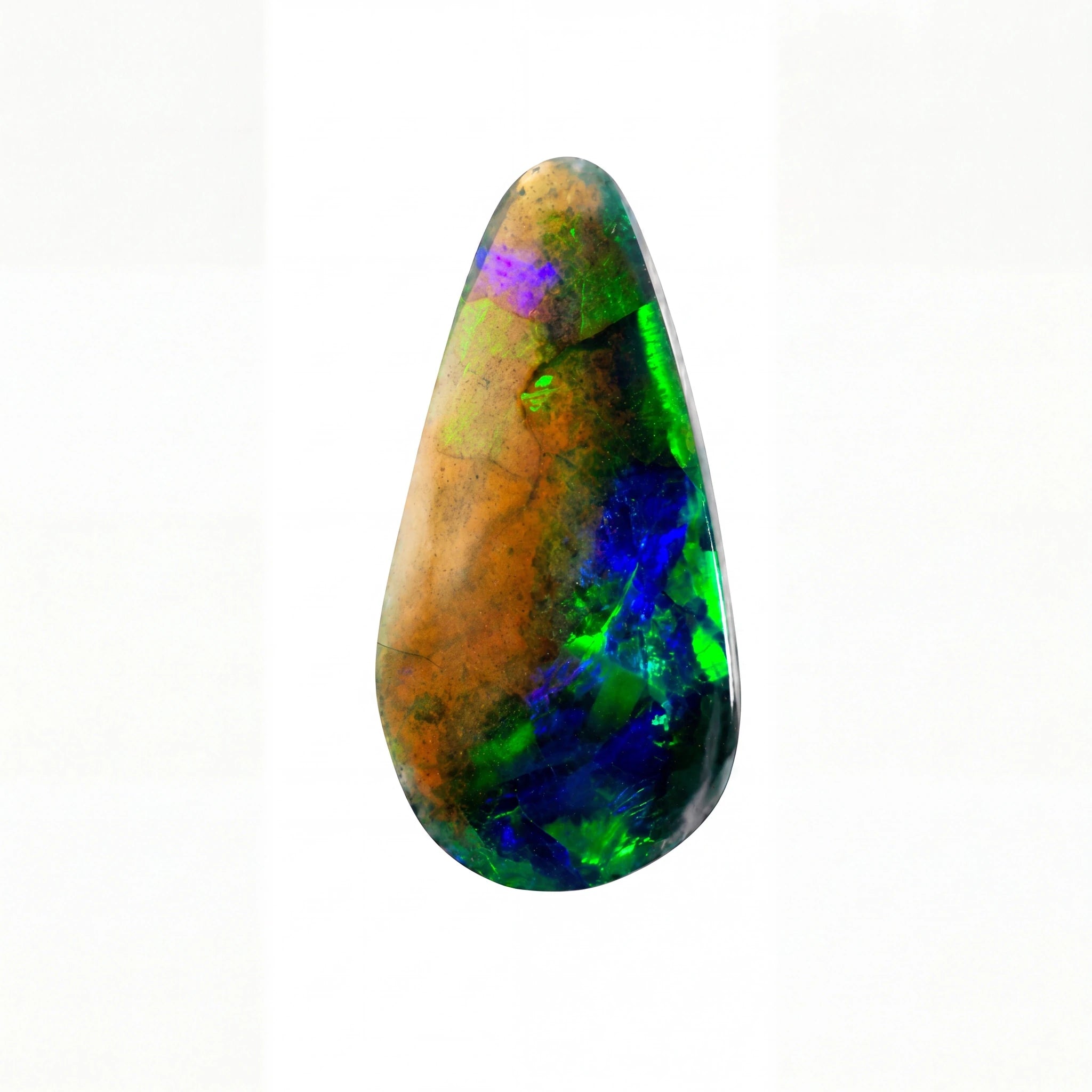 A teardrop-shaped polished opal gemstone displaying vibrant iridescent colours including green, blue, purple, and orange on a clean white background.