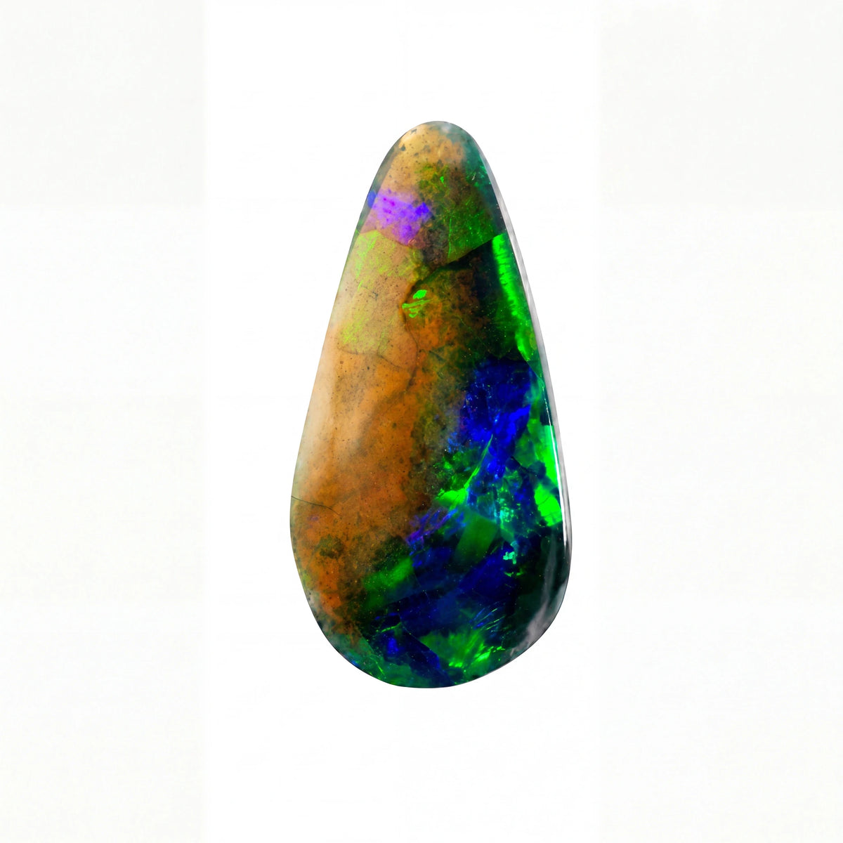 A teardrop-shaped polished opal gemstone displaying vibrant iridescent colours including green, blue, purple, and orange on a clean white background.