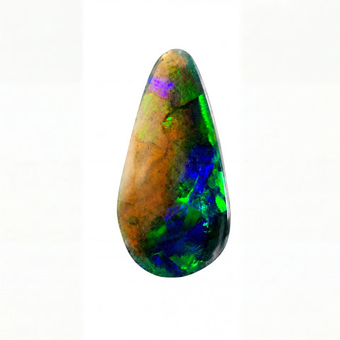 A teardrop-shaped polished opal gemstone displaying vibrant iridescent colours including green, blue, purple, and orange on a clean white background.