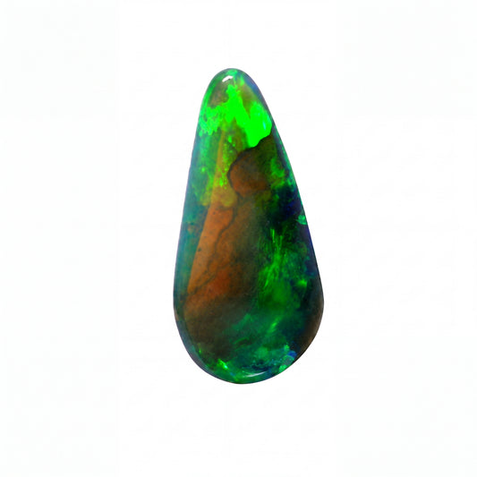 Teardrop-shaped opal gemstone with green and brown colours on a white background