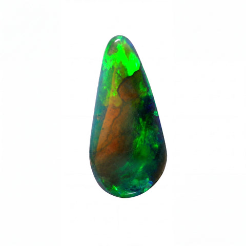 Teardrop-shaped opal gemstone with green and brown colours on a white background