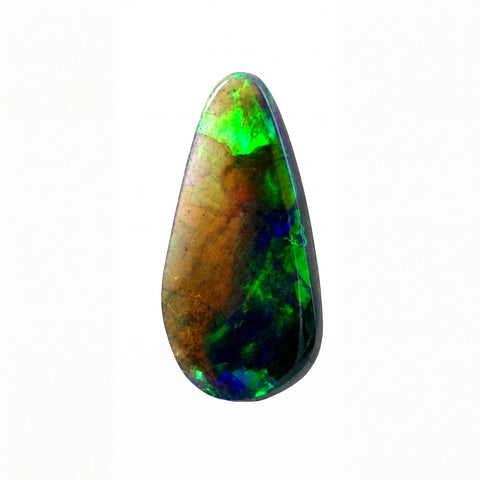 A teardrop-shaped polished opal gemstone displaying vibrant flashes of green, blue, and brown iridescence on a solid white background.