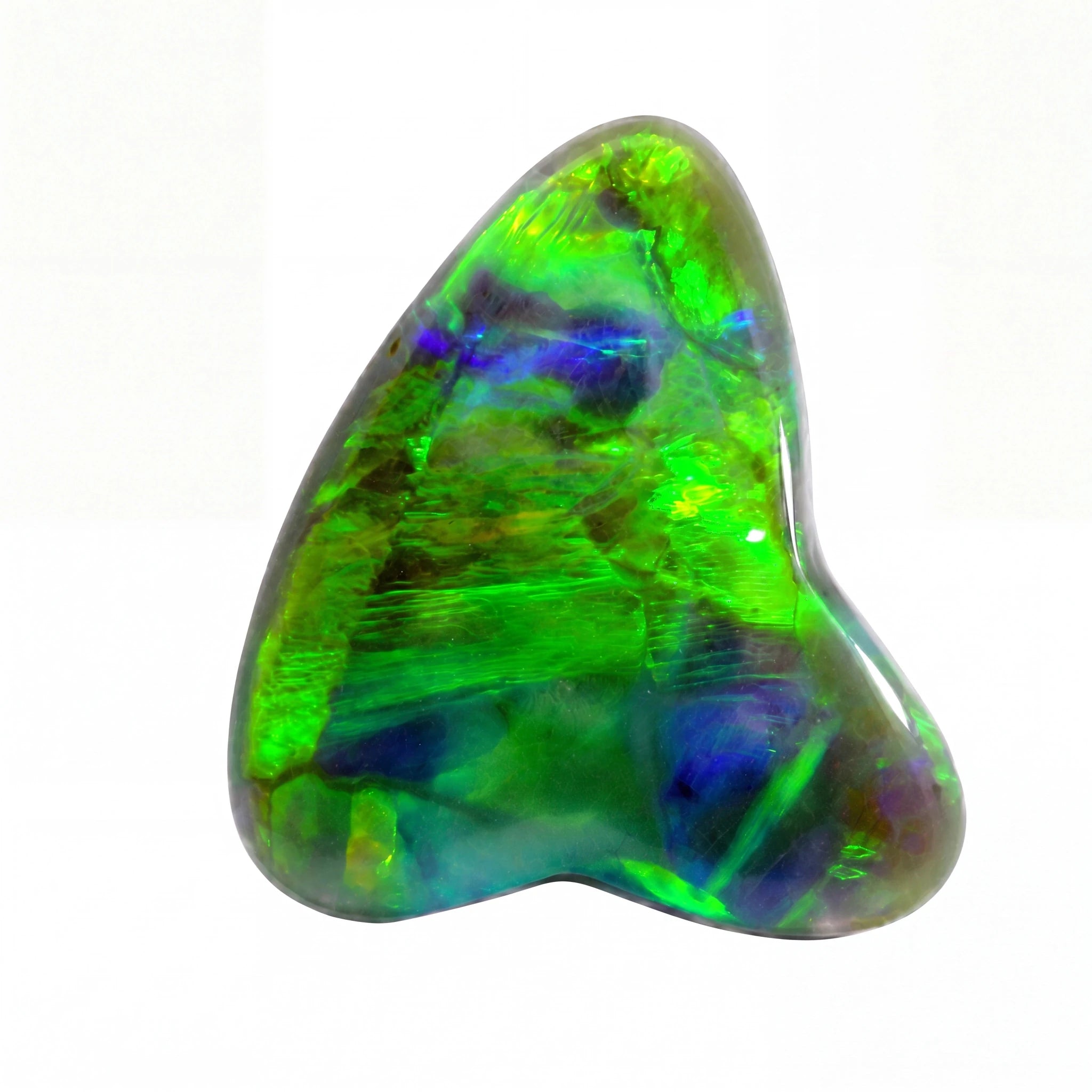 Opal stone with green and blue colours on a white background