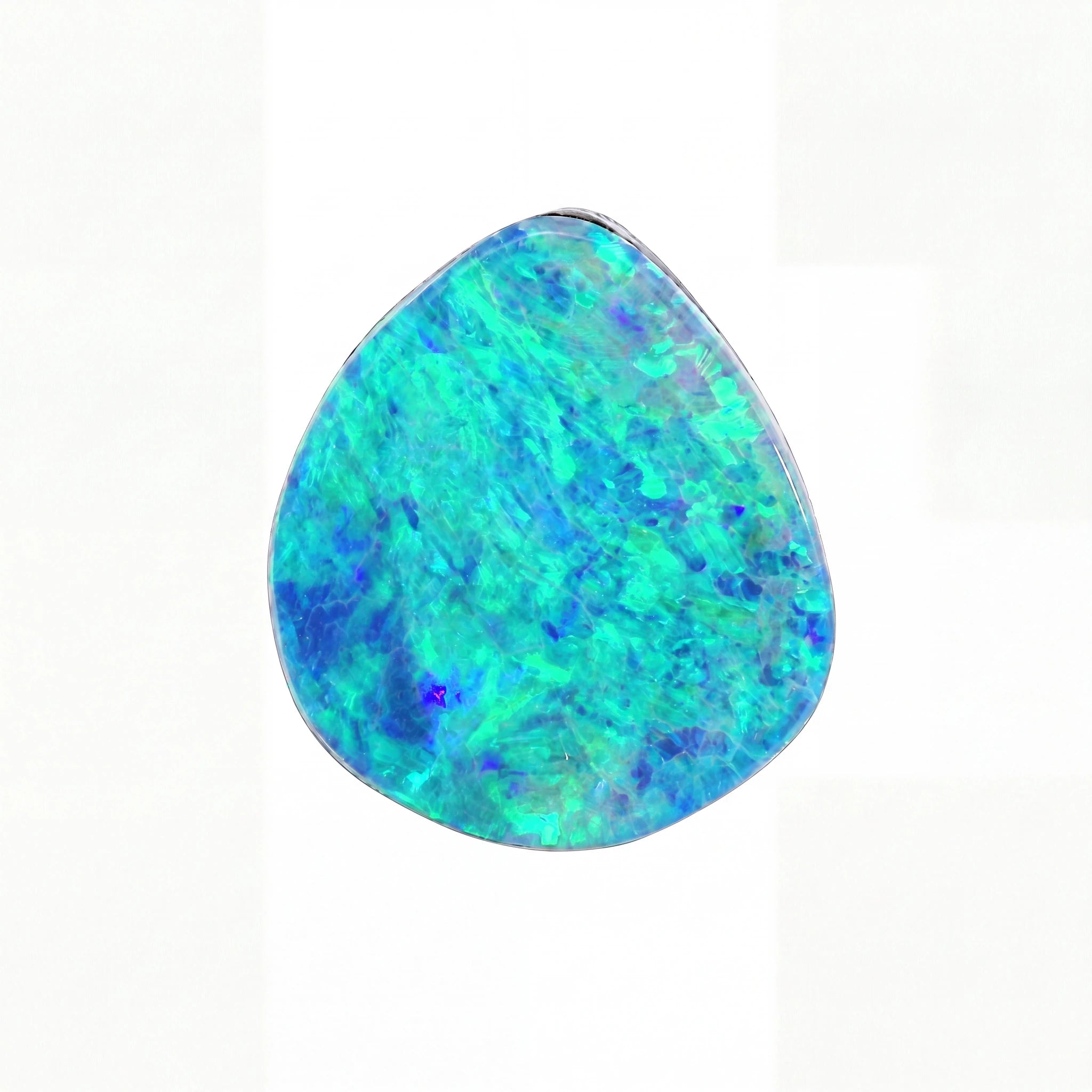 Teardrop-shaped opal stone with a vibrant blue and green colour on a white background