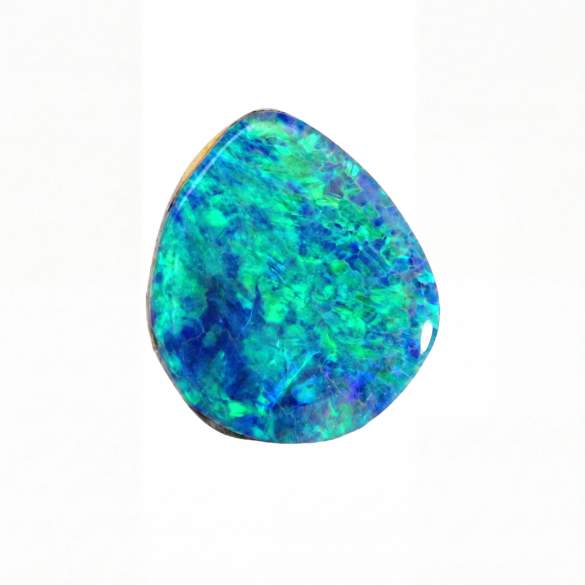 Teardrop-shaped opal stone with vibrant blue and green colours on a white background