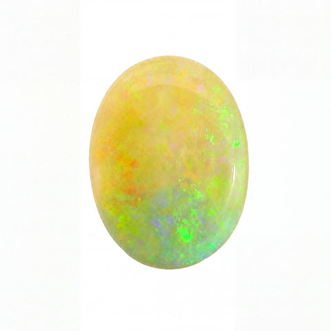 Opal stone with multicoloured play of colours on a white background