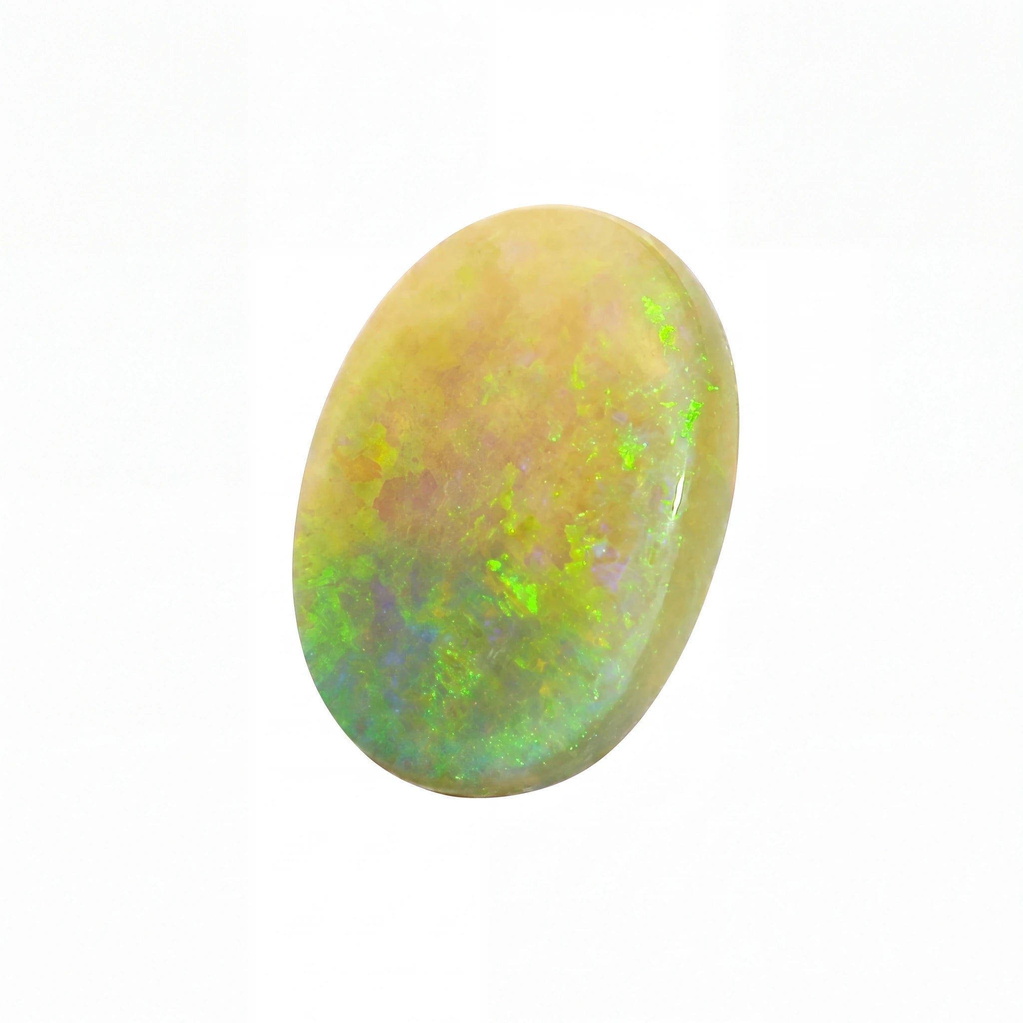 Opal stone with green and yellow colours on a white background