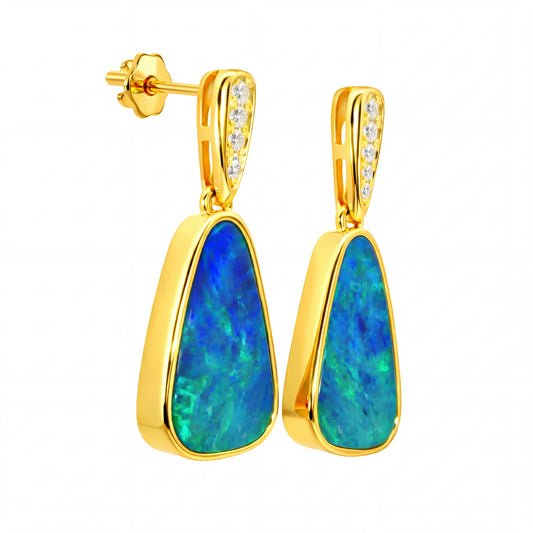 Australian Doublet Opal Earrings Blue Green 925 Gold Plated with Cubic Zirconia Drop Earrings\