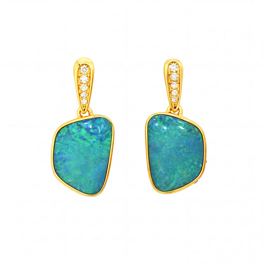 Australian Doublet Opal Earrings 14x10mm Green Blue Gold Plated with Cubic Zirconia