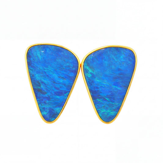 Australian Doublet Opal Earrings 20x18mm Gold Plated Sterling Silver Blue - Australian Opal Cutters and Pearl Divers
