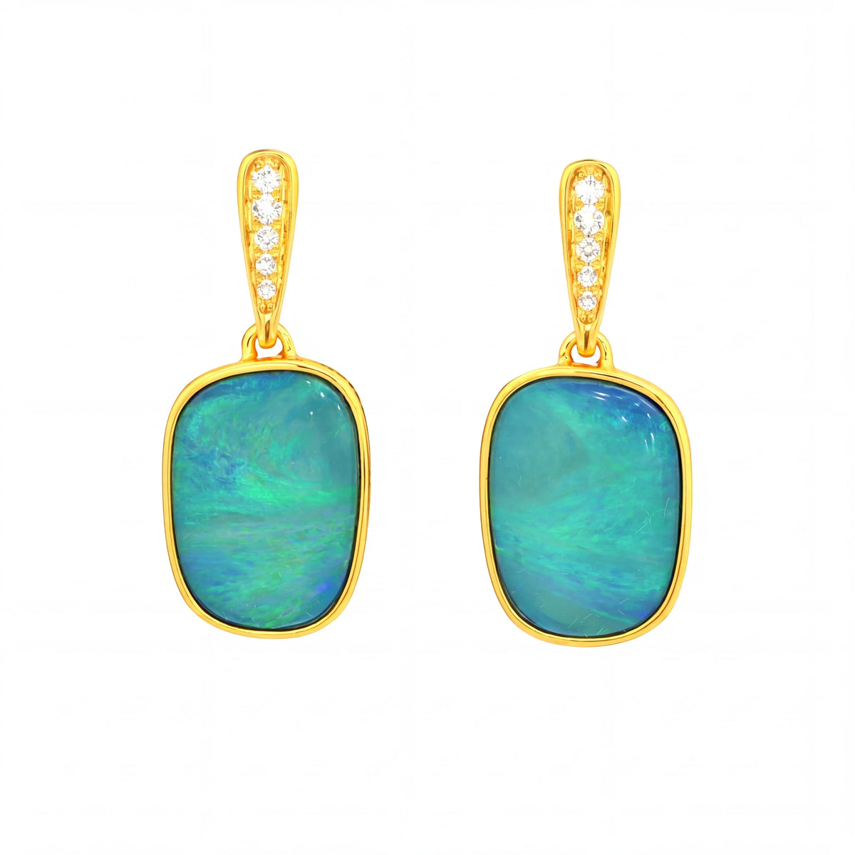 Australian Doublet Opal Earrings 14x9mm Blue Green Gold Plated with Cubic Zirconia | Australian Opal Cutters - Australian Opal Cutters and Pearl Divers