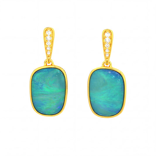 Australian Doublet Opal Earrings 14x9mm Blue Green Gold Plated with Cubic Zirconia | Australian Opal Cutters - Australian Opal Cutters and Pearl Divers