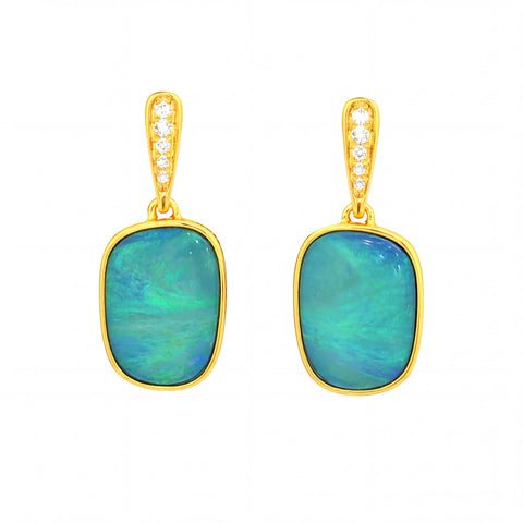 Australian Doublet Opal Earrings 14x9mm Blue Green Gold Plated with Cubic Zirconia | Australian Opal Cutters - Australian Opal Cutters and Pearl Divers