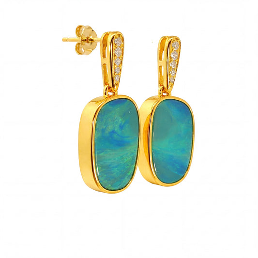 Australian Doublet Opal Earrings 14x9mm Blue Green Gold Plated with Cubic Zirconia | Australian Opal Cutters - Australian Opal Cutters and Pearl Divers