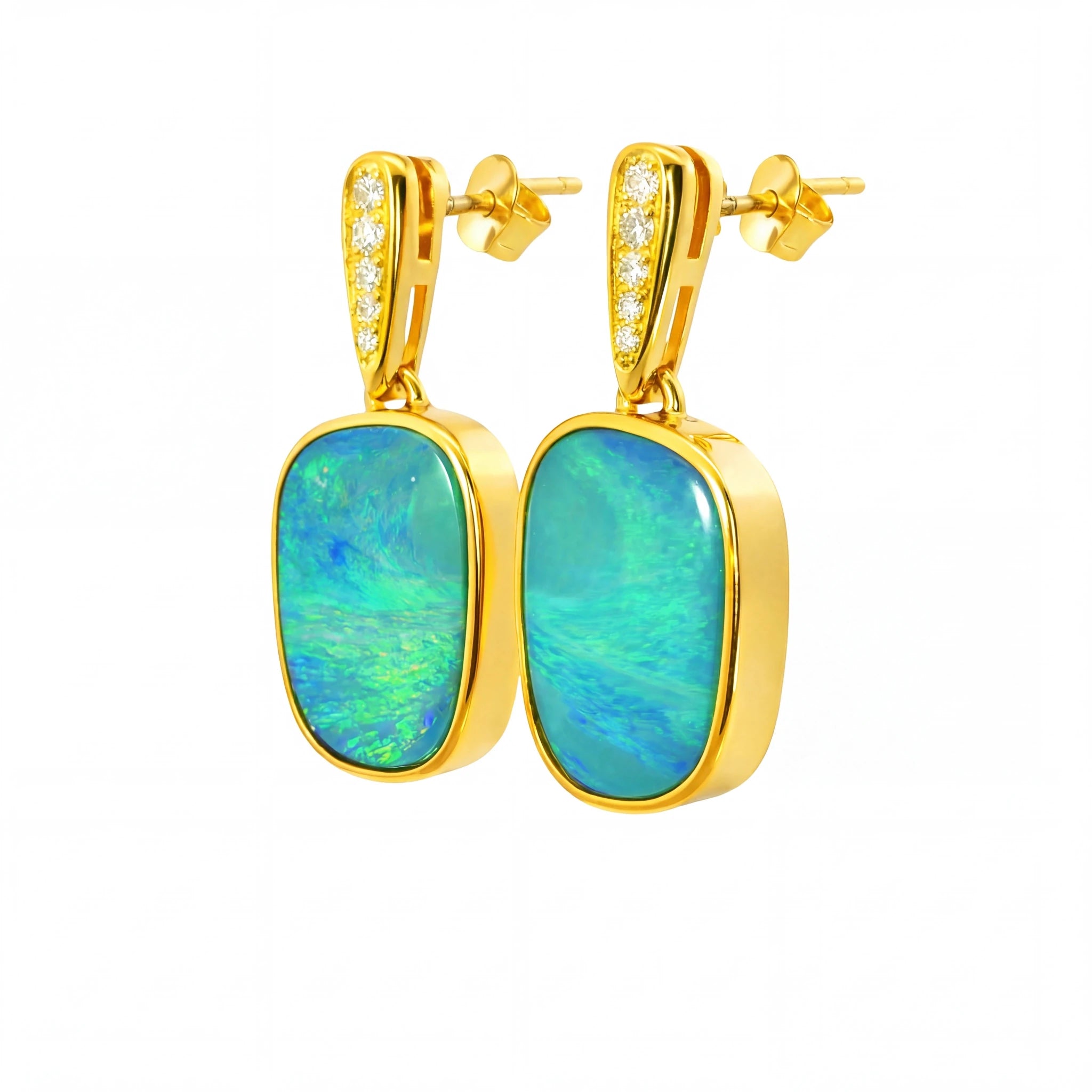 Australian Doublet Opal Earrings 14x9mm Blue Green Gold Plated with Cubic Zirconia | Australian Opal Cutters - Australian Opal Cutters and Pearl Divers