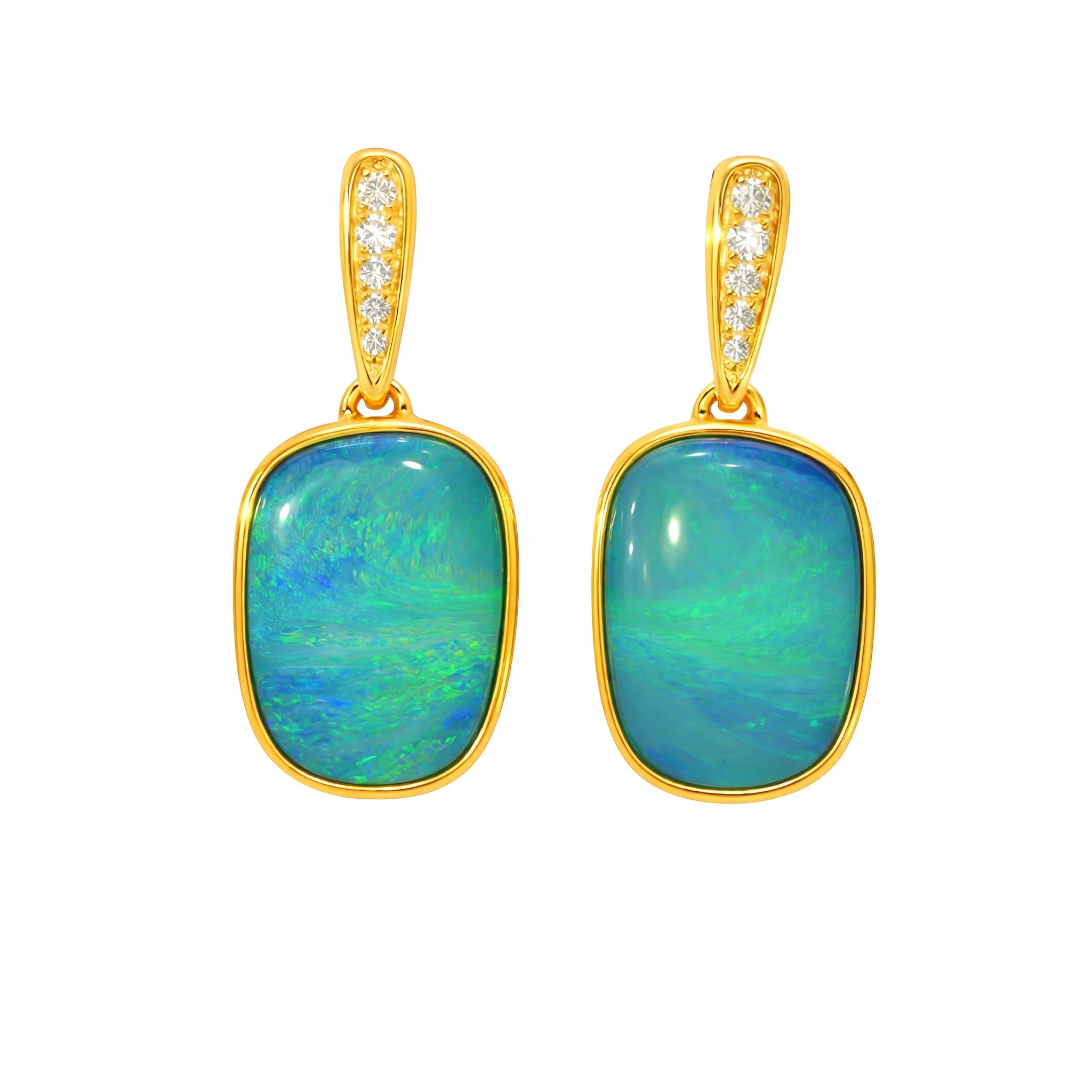 Australian Doublet Opal Earrings 14x9mm Blue Green Gold Plated with Cubic Zirconia | Australian Opal Cutters - Australian Opal Cutters and Pearl Divers