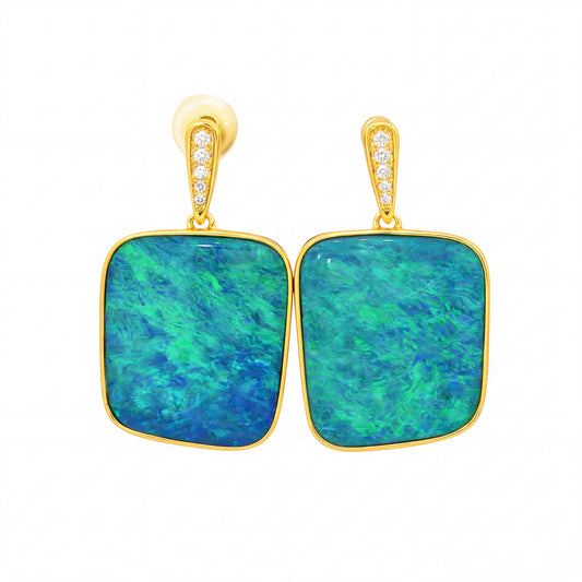 Australian Doublet Opal Drop Earrings 23x15mm Blue Green with CZ Gold Plated Sterling Silver