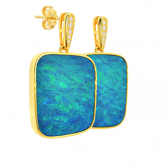 Australian Doublet Opal Drop Earrings 23x15mm Blue Green with CZ Gold Plated Sterling Silver
